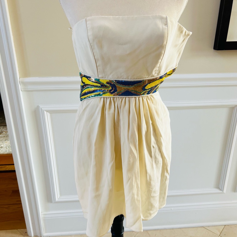 Tibi Cream and Blue Sundress Cocktail Strapless